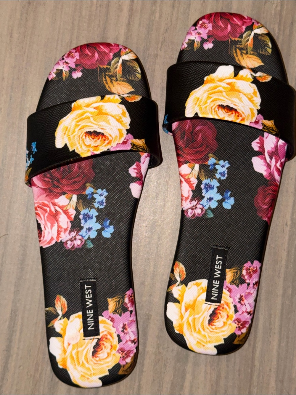 NWT Nine West Floral Print Slide Sandals | Black Garden Rose Slides | Women’s Si